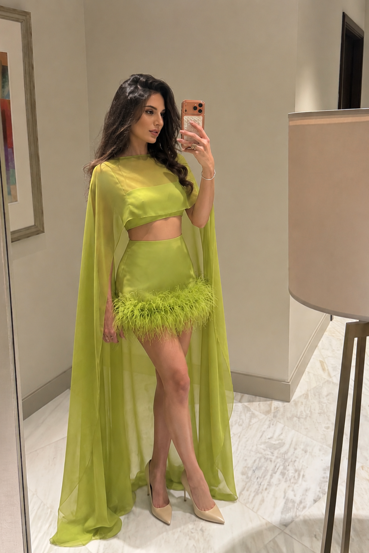 Lime Feather Cape Co-ord Set