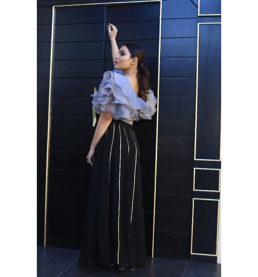 Grey Ruffle Blouse With Black Gottapatti Skirt Set