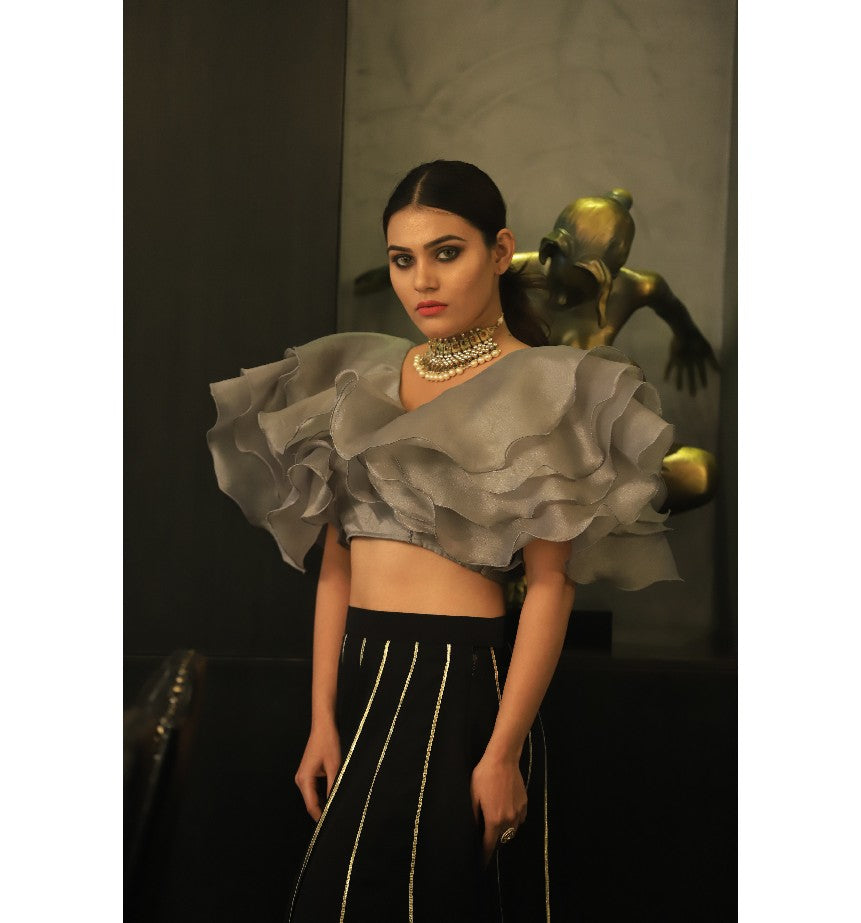 Grey Ruffle Blouse With Black Gottapatti Skirt Set