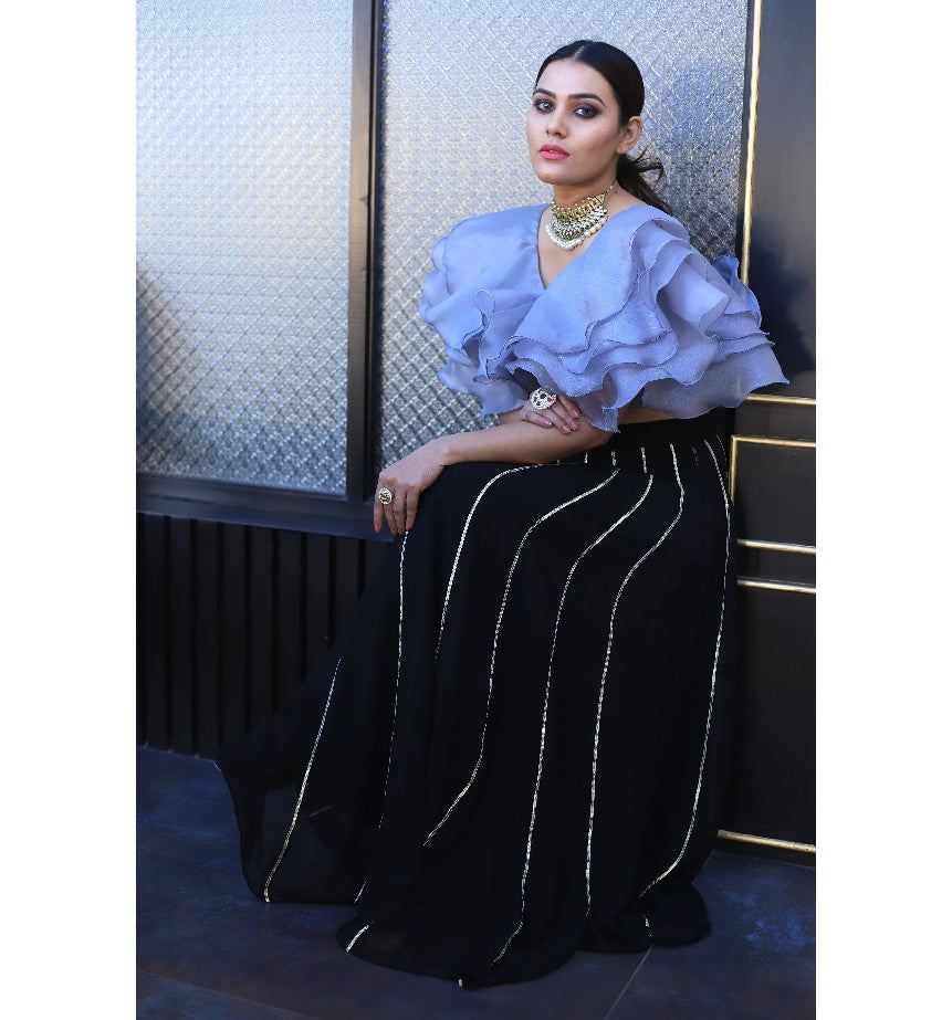 Grey Ruffle Blouse With Black Gottapatti Skirt Set