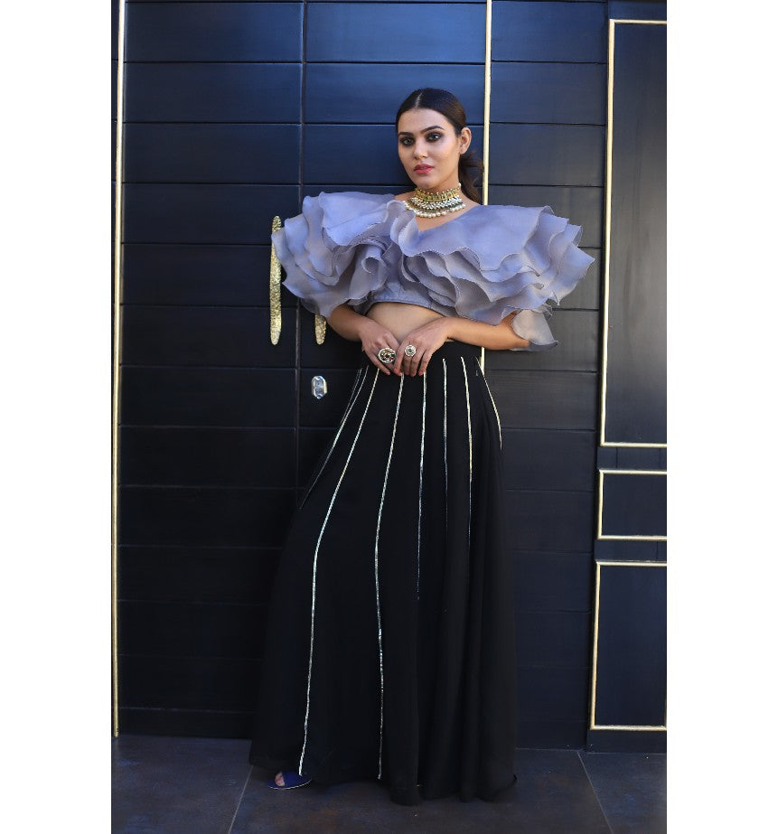 Grey Ruffle Blouse With Black Gottapatti Skirt Set