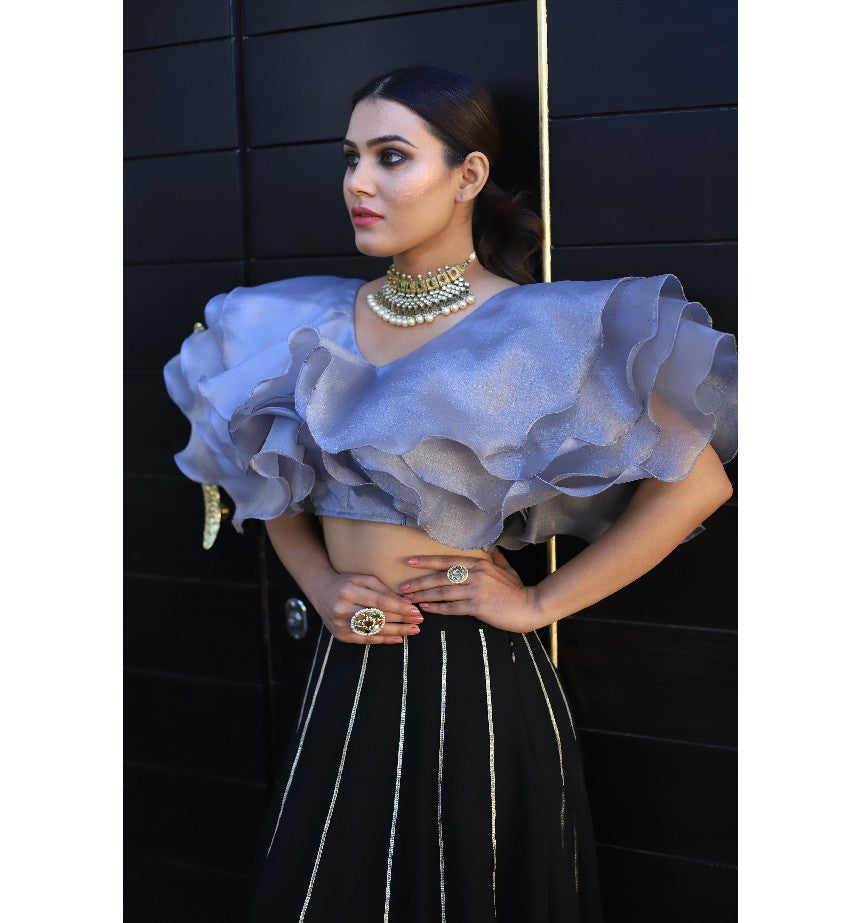 Grey Ruffle Blouse With Black Gottapatti Skirt Set