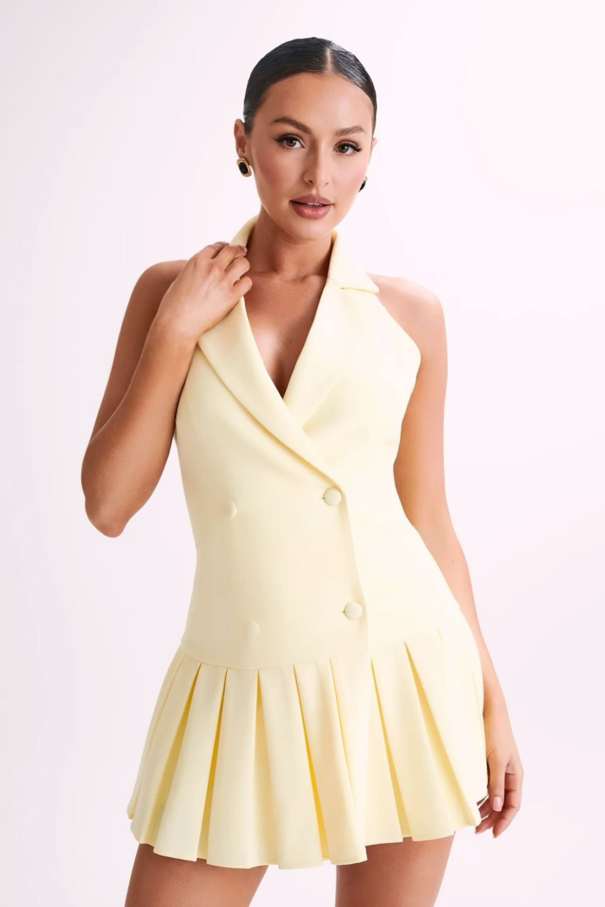 Butter Yellow Tailored Pleated Blazer Mini Dress