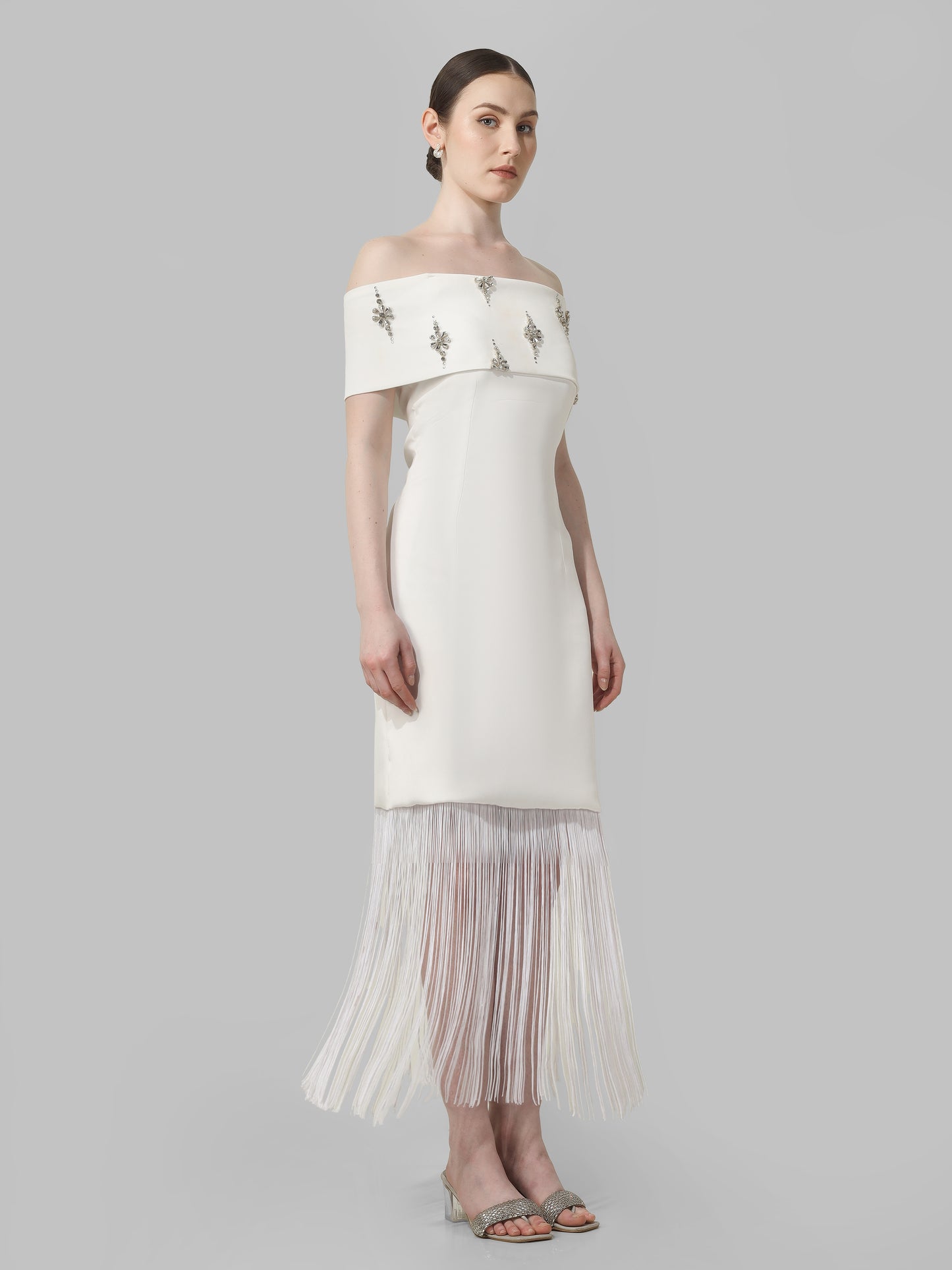 Ivory Off-Shoulder Fringe Midi Dress