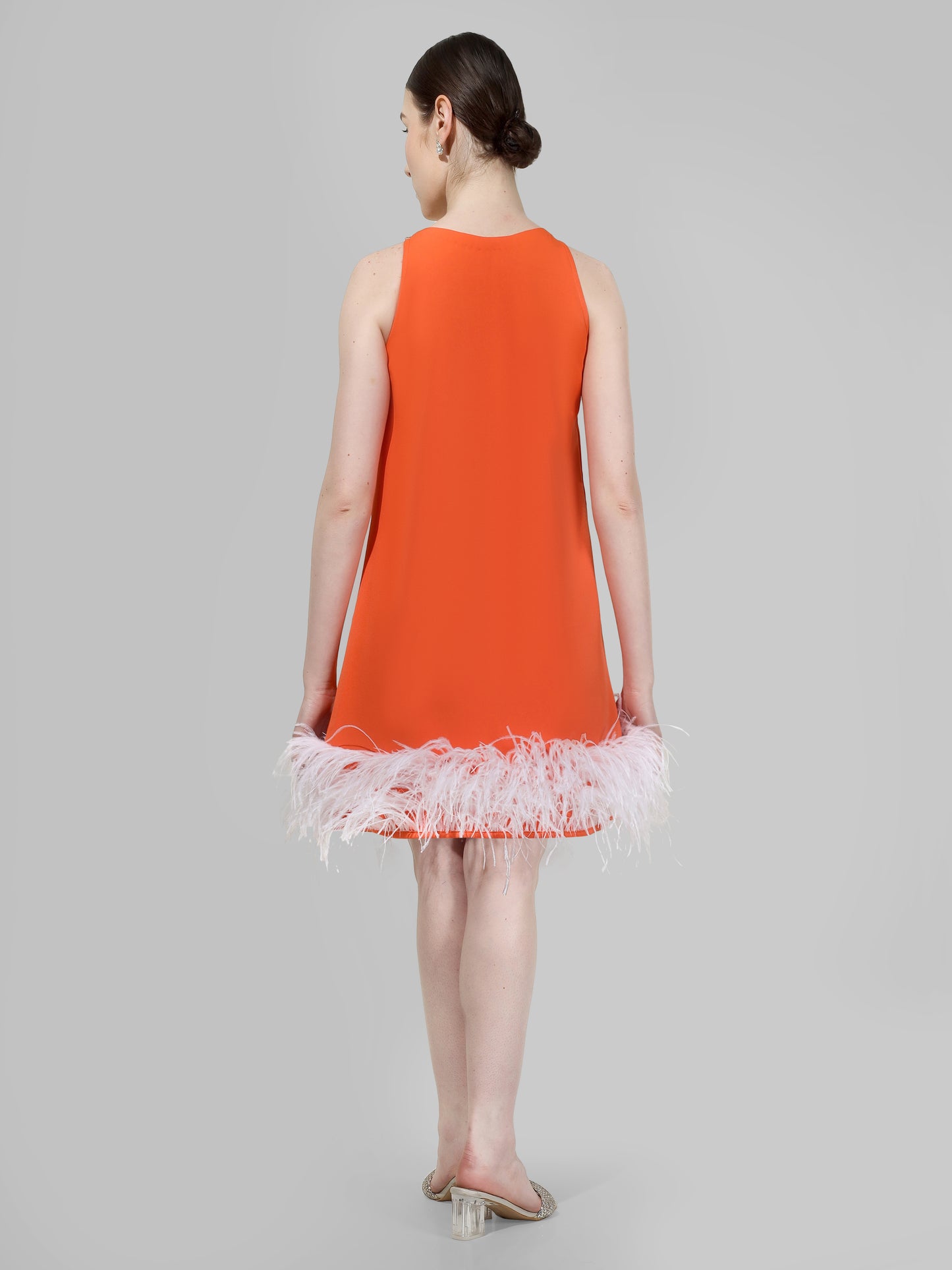 Tangerine Feather Hem Mini Dress