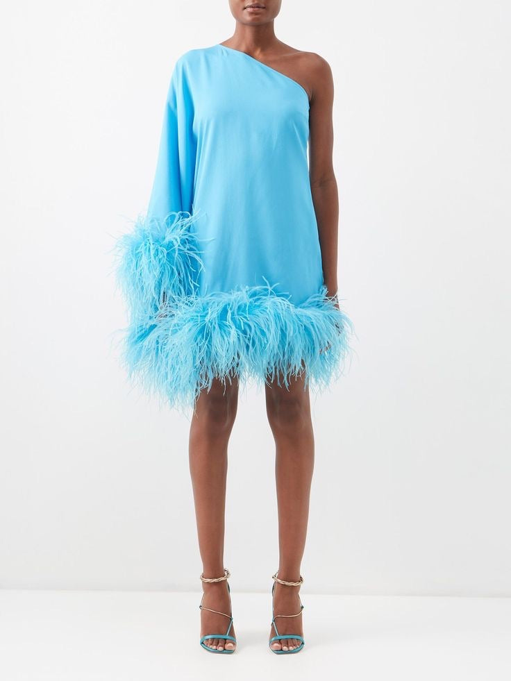 Turquoise Off-Shoulder Feather Dress