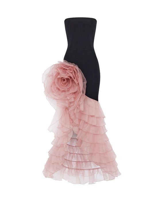 Strapless Black Gown with Ruffled Rose Detail