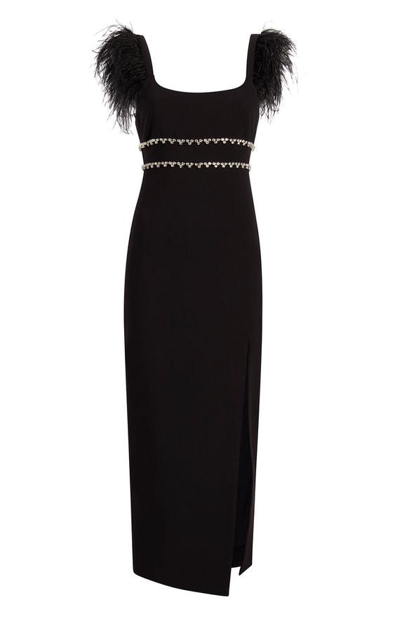 Feathered Elegance Embellished Black Gown
