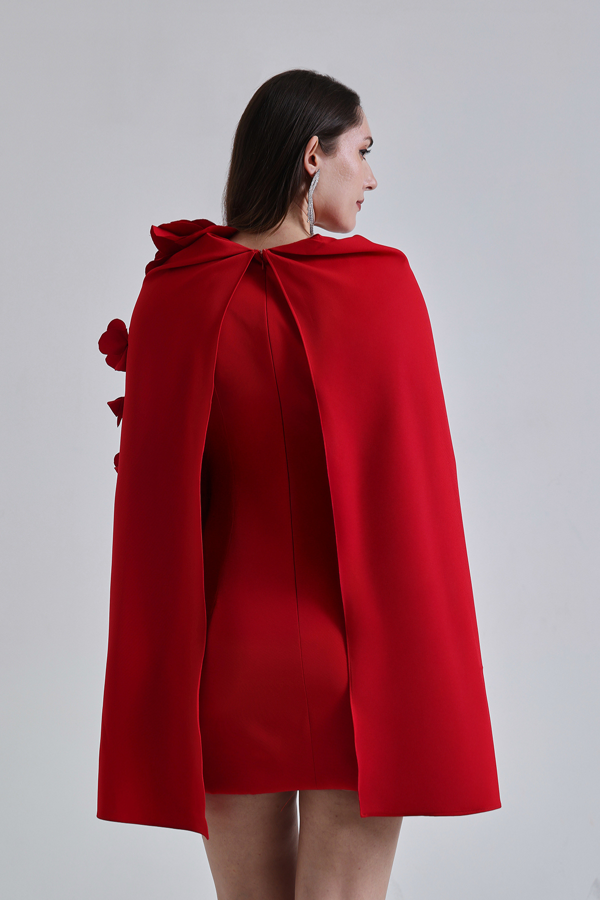 Red Petal Embellished Cape Dress