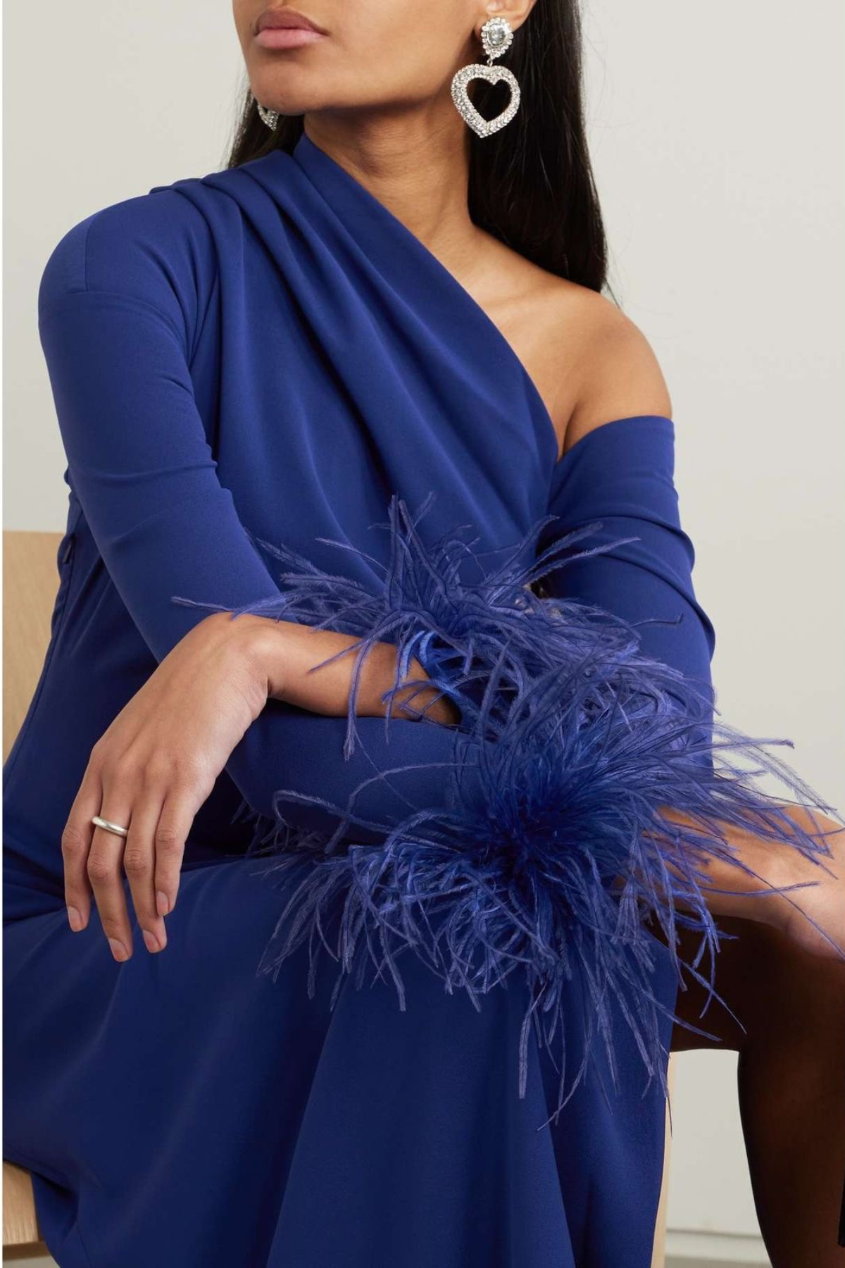 Statement One-Shoulder Feather Sleeve Gown