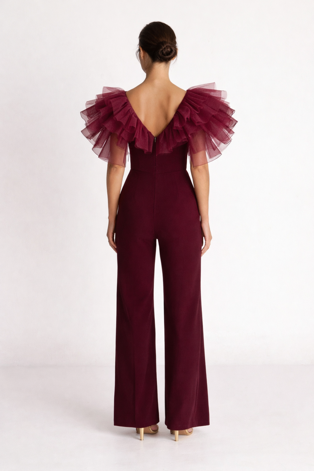Burgundy Ruffle-Shoulder Statement Jumpsuit