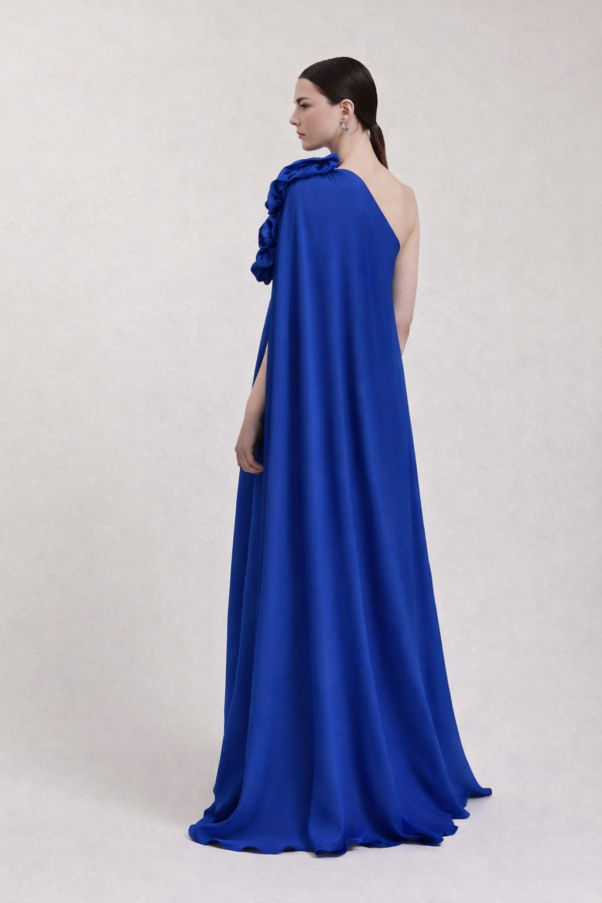Royal Blue One-Shoulder Floral Drape Gown