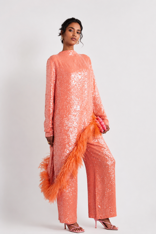 Coral Feather Sequins Set