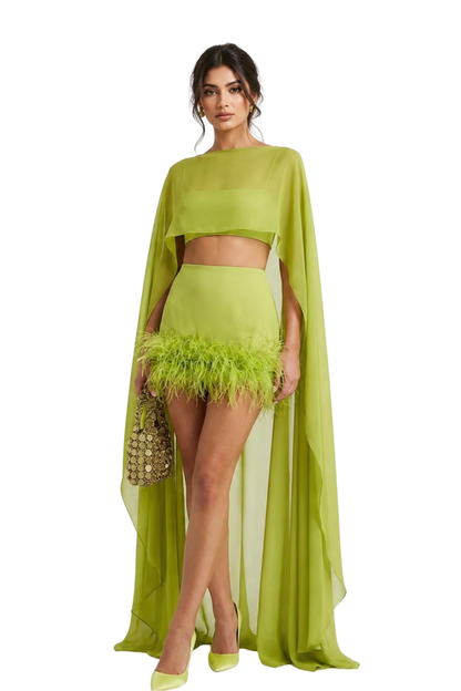 Lime Feather Cape Co-ord Set