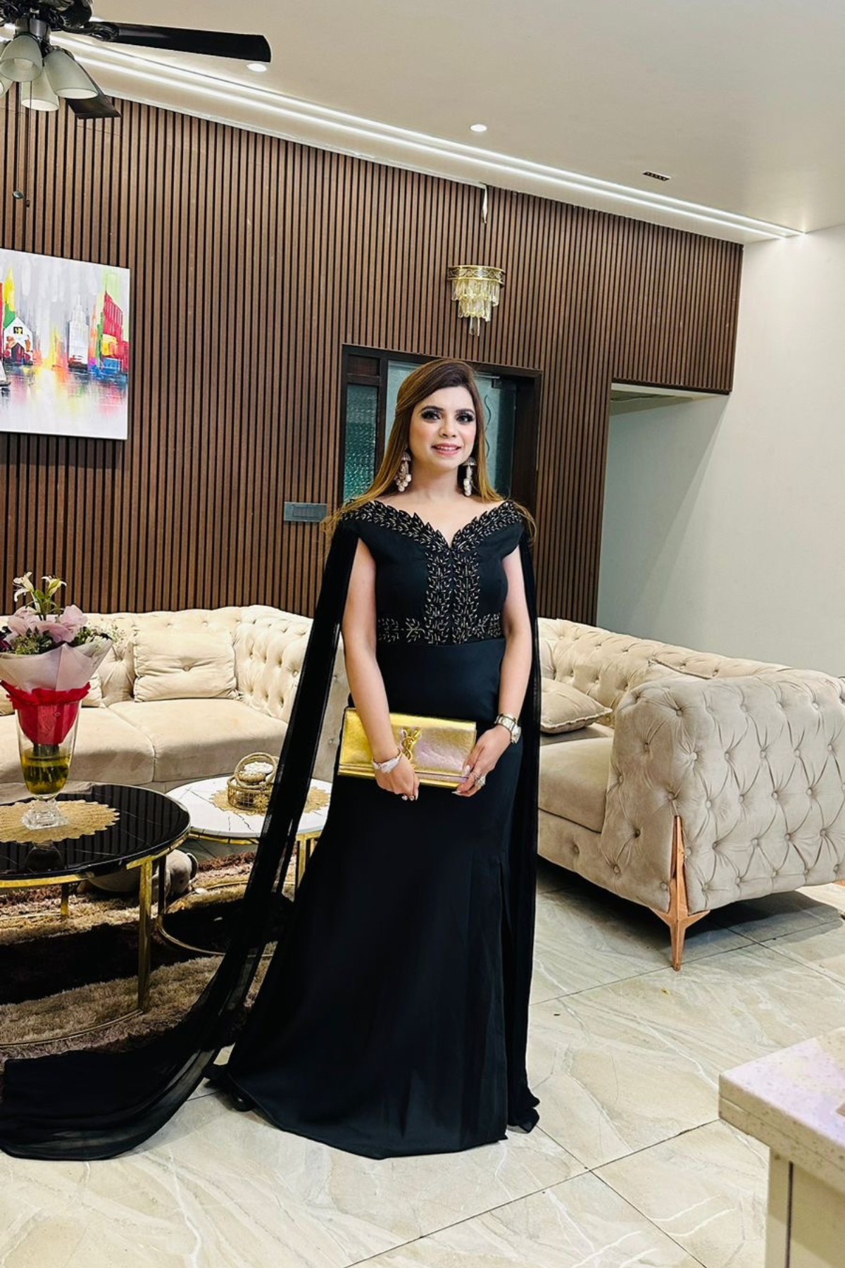 Stylish Customer In Our Custom Black Embellished Gown