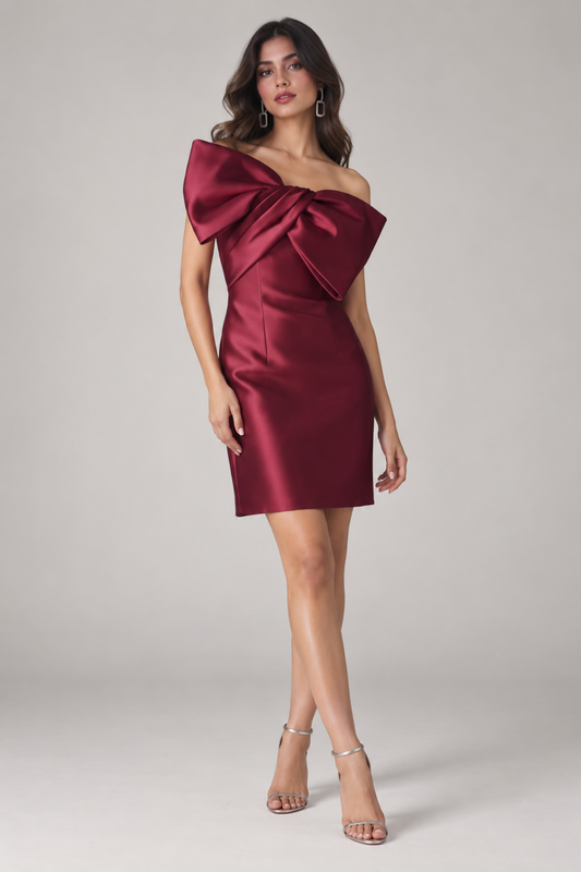 Burgundy Sculpted Bow Satin Mini Dress