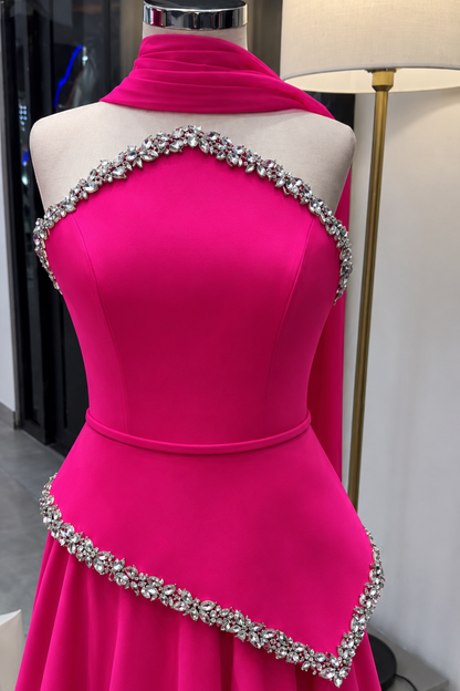 Hot Pink Embellished Halter-Neck Peplum Top with Skirt