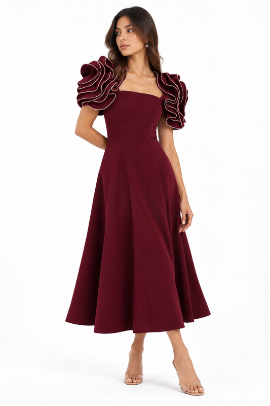Pearl Ruffle Flower Sleeves Midi Dress
