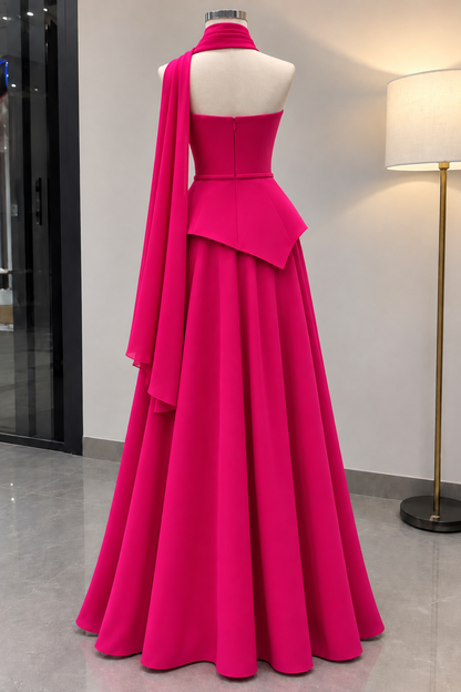 Hot Pink Embellished Halter-Neck Peplum Top with Skirt