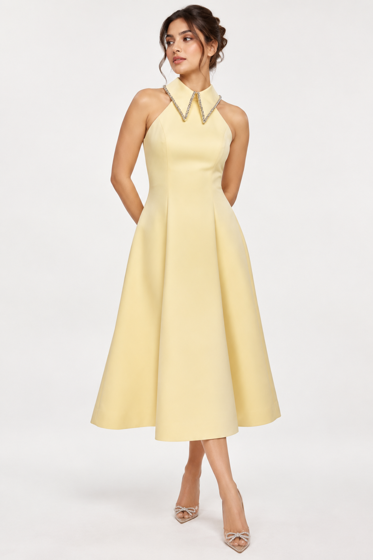 Rhinestone Collar Halter Midi Dress