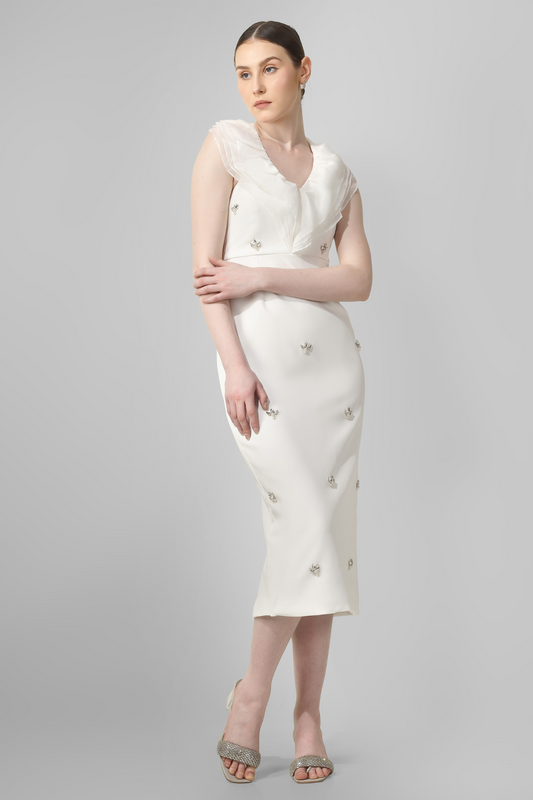 Ivory Embellished Midi Dress with Draped Neckline