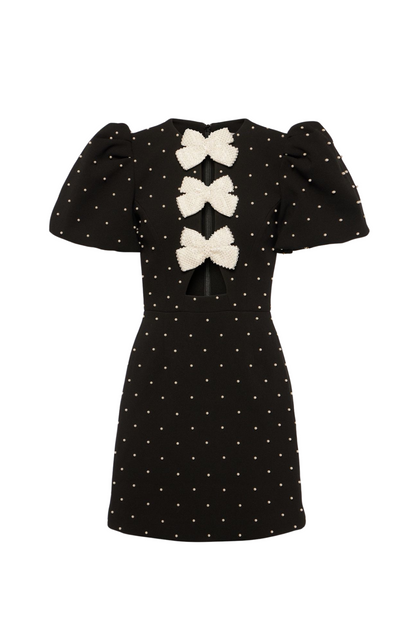 Pearl embellish baggy sleeves bow mini dress