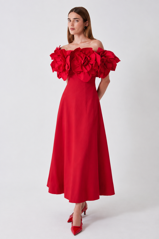 Crimson Rose Off-Shoulder Dress