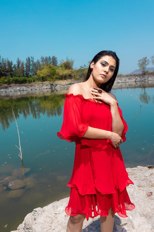 Red Off-Shoulder Tiered Dress