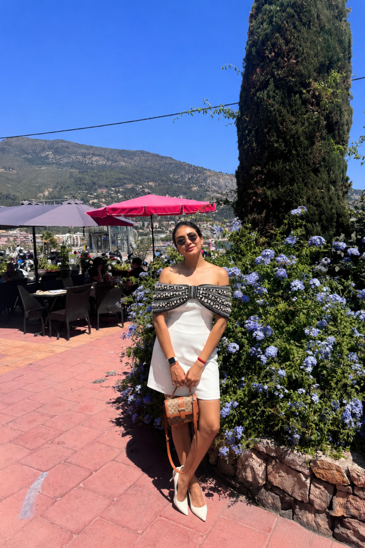 Crystal Bow Off-Shoulder Mini Dress