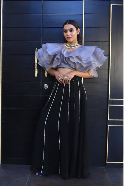 Grey Ruffle Blouse With Black Gottapatti Skirt Set