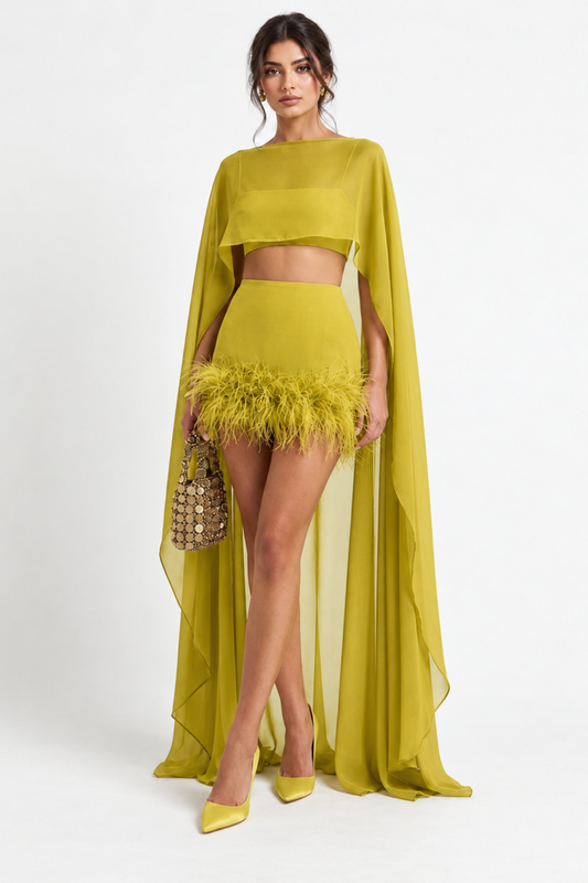 Exclusive Feather Cape Co-ord Set
