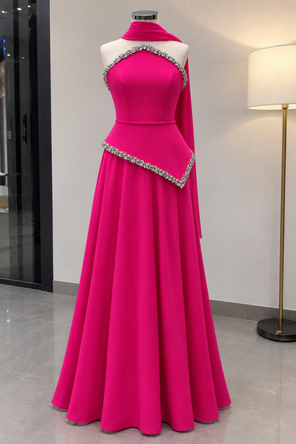 Hot Pink Embellished Halter-Neck Peplum Top with Skirt