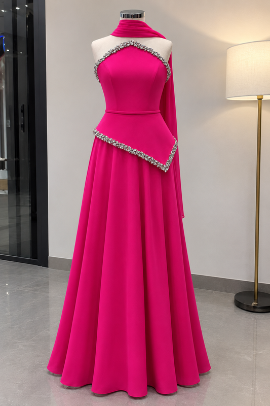 Hot Pink Embellished Halter-Neck Peplum Top with Skirt