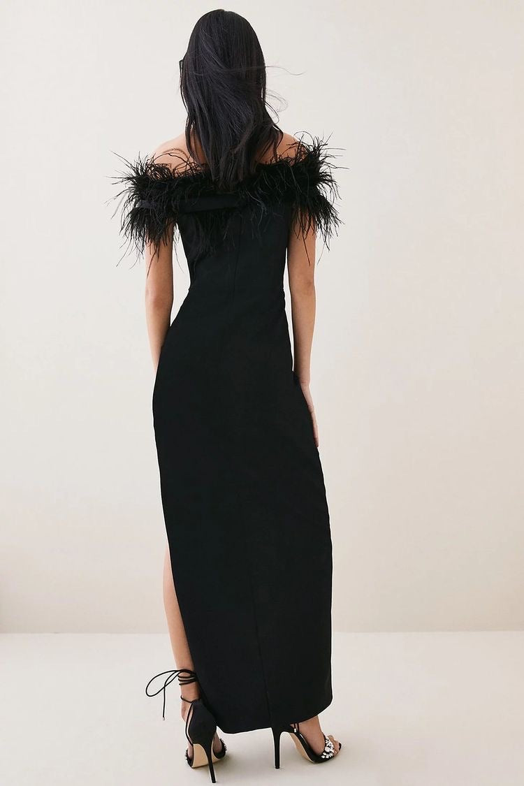 Off-Shoulder Black Feather Maxi Dress