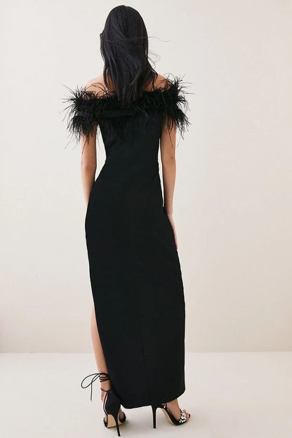 Off-Shoulder Black Feather Maxi Dress