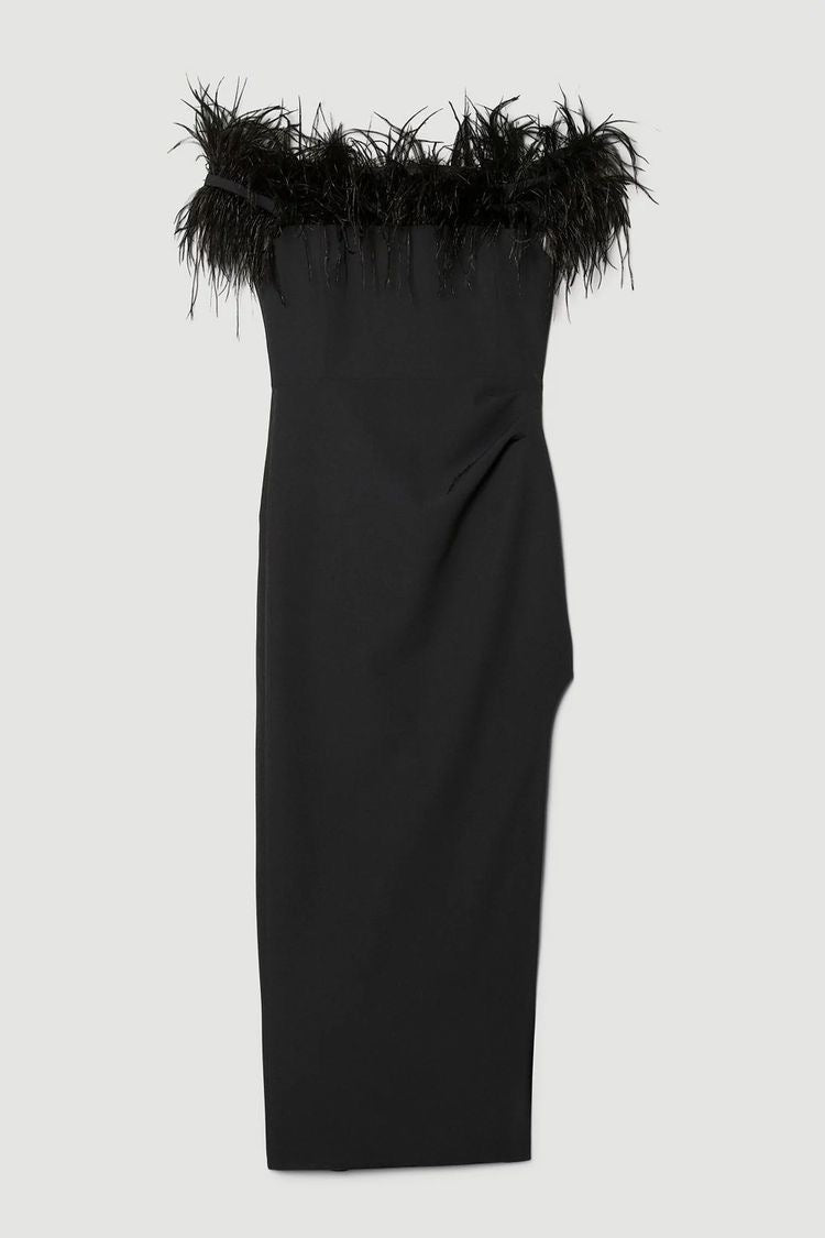 Off-Shoulder Black Feather Maxi Dress