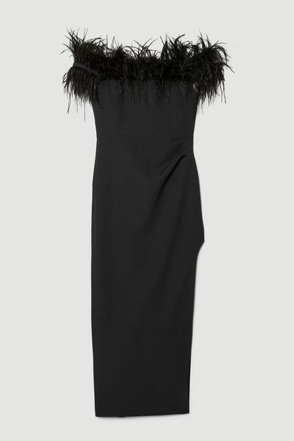 Off-Shoulder Black Feather Maxi Dress