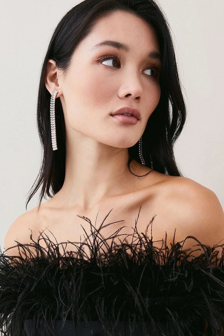 Off-Shoulder Black Feather Maxi Dress