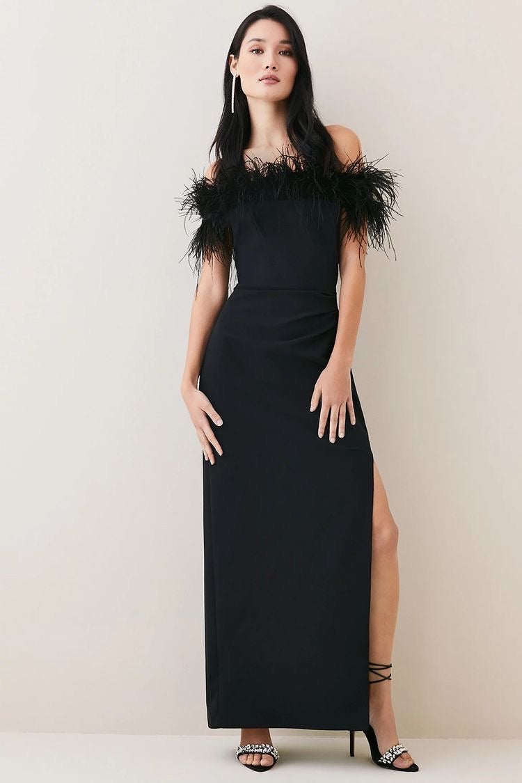 Off-Shoulder Black Feather Maxi Dress