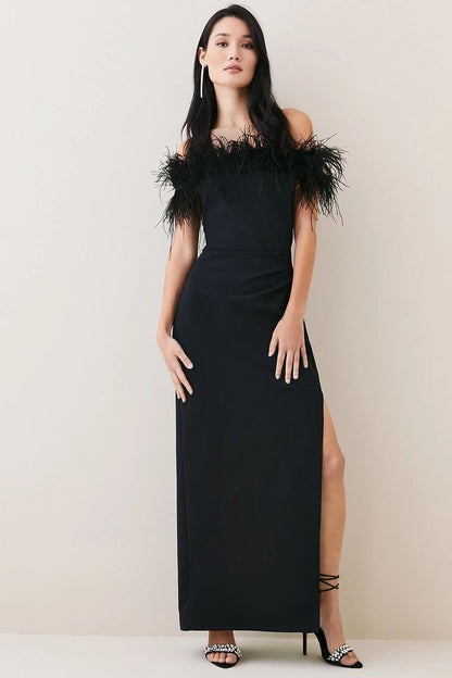 Off-Shoulder Black Feather Maxi Dress