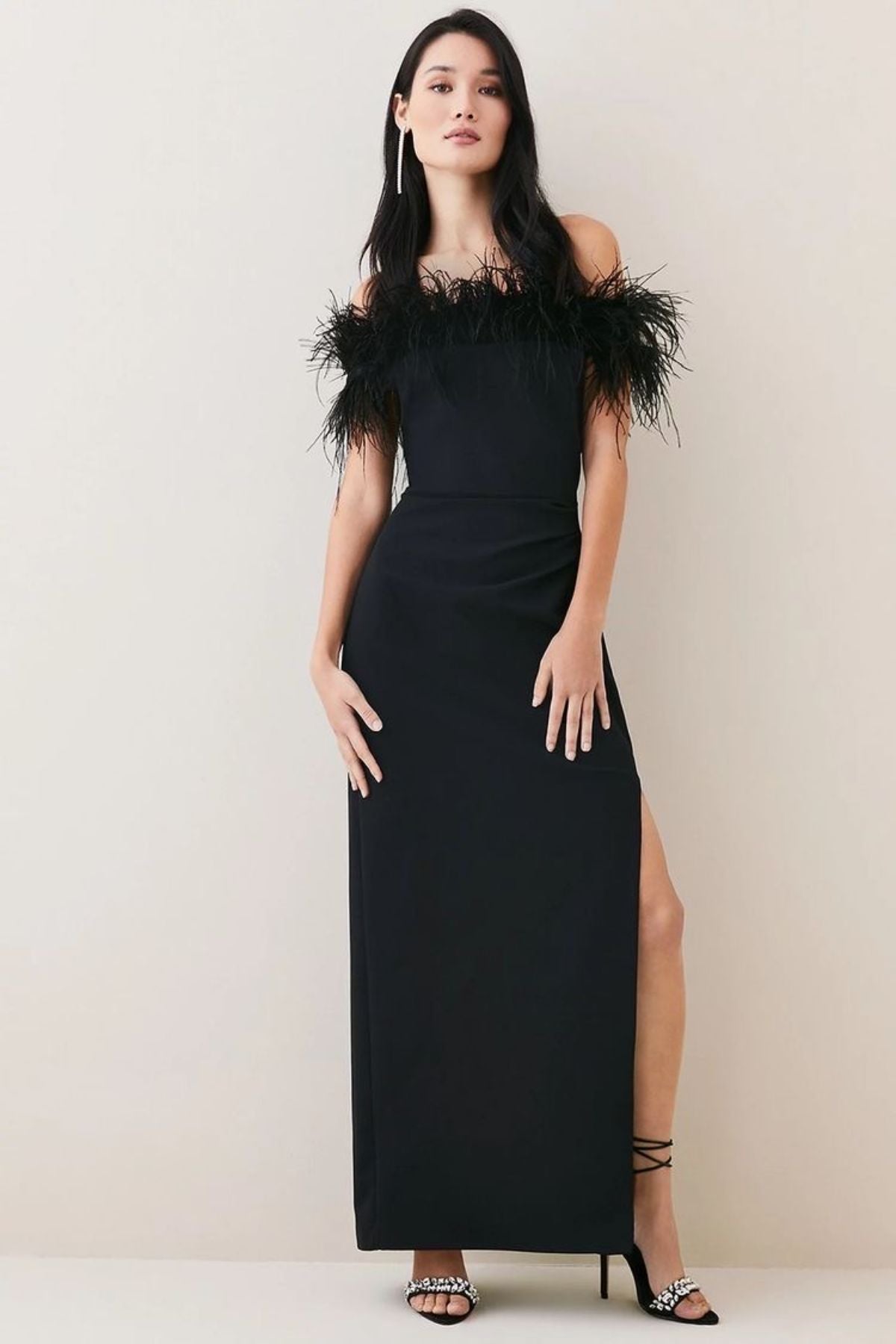Off-Shoulder Black Feather Maxi Dress