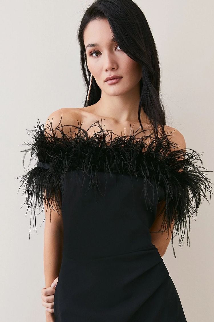 Off-Shoulder Black Feather Maxi Dress
