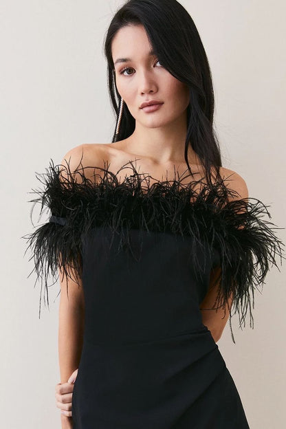 Off-Shoulder Black Feather Maxi Dress