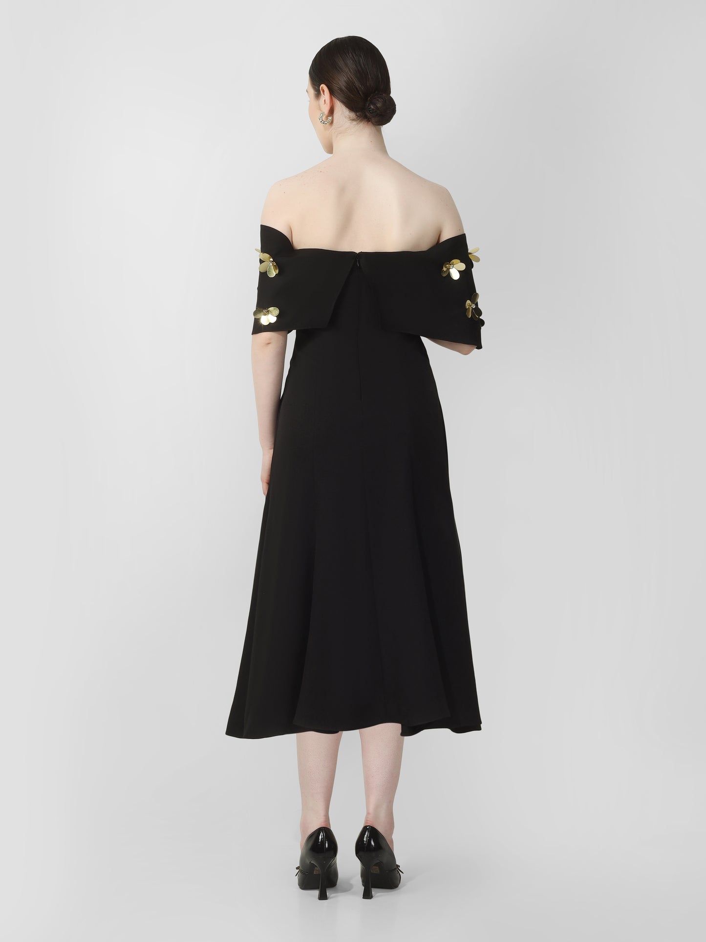 Black Off-Shoulder Embellished Midi Dress