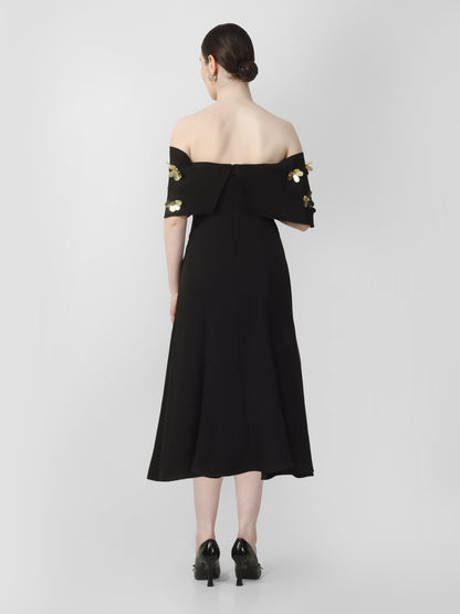 Black Off-Shoulder Embellished Midi Dress