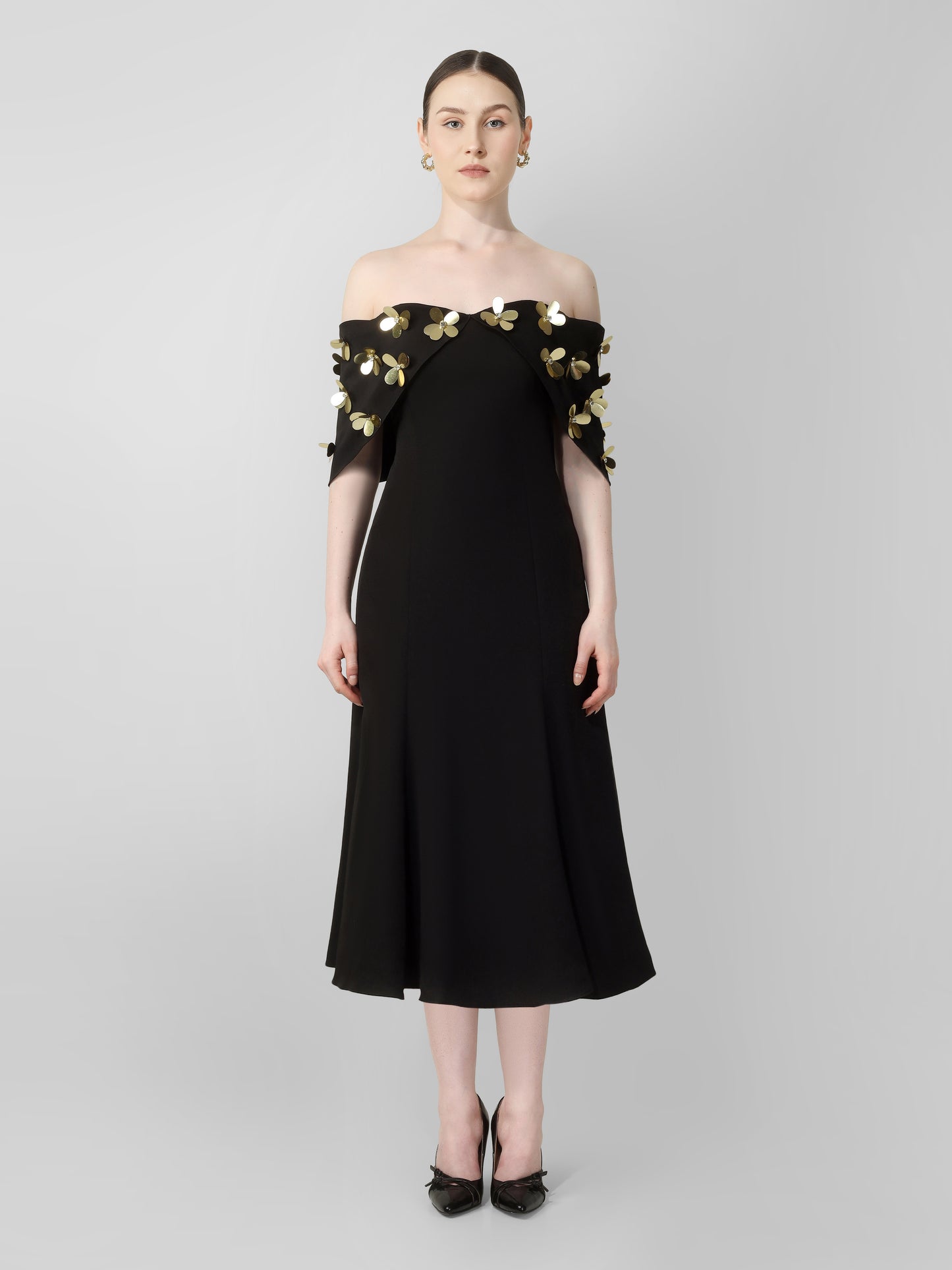 Black Off-Shoulder Embellished Midi Dress