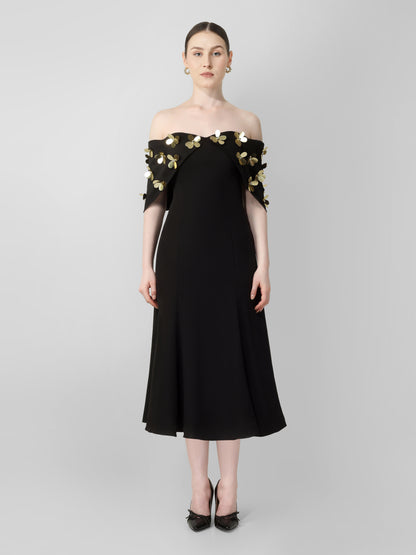 Black Off-Shoulder Embellished Midi Dress