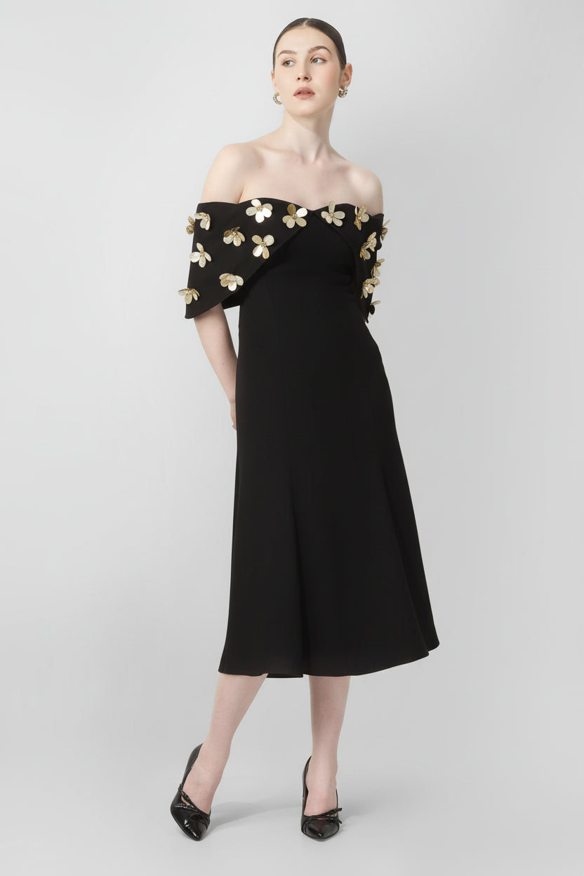 Black Off-Shoulder Embellished Midi Dress