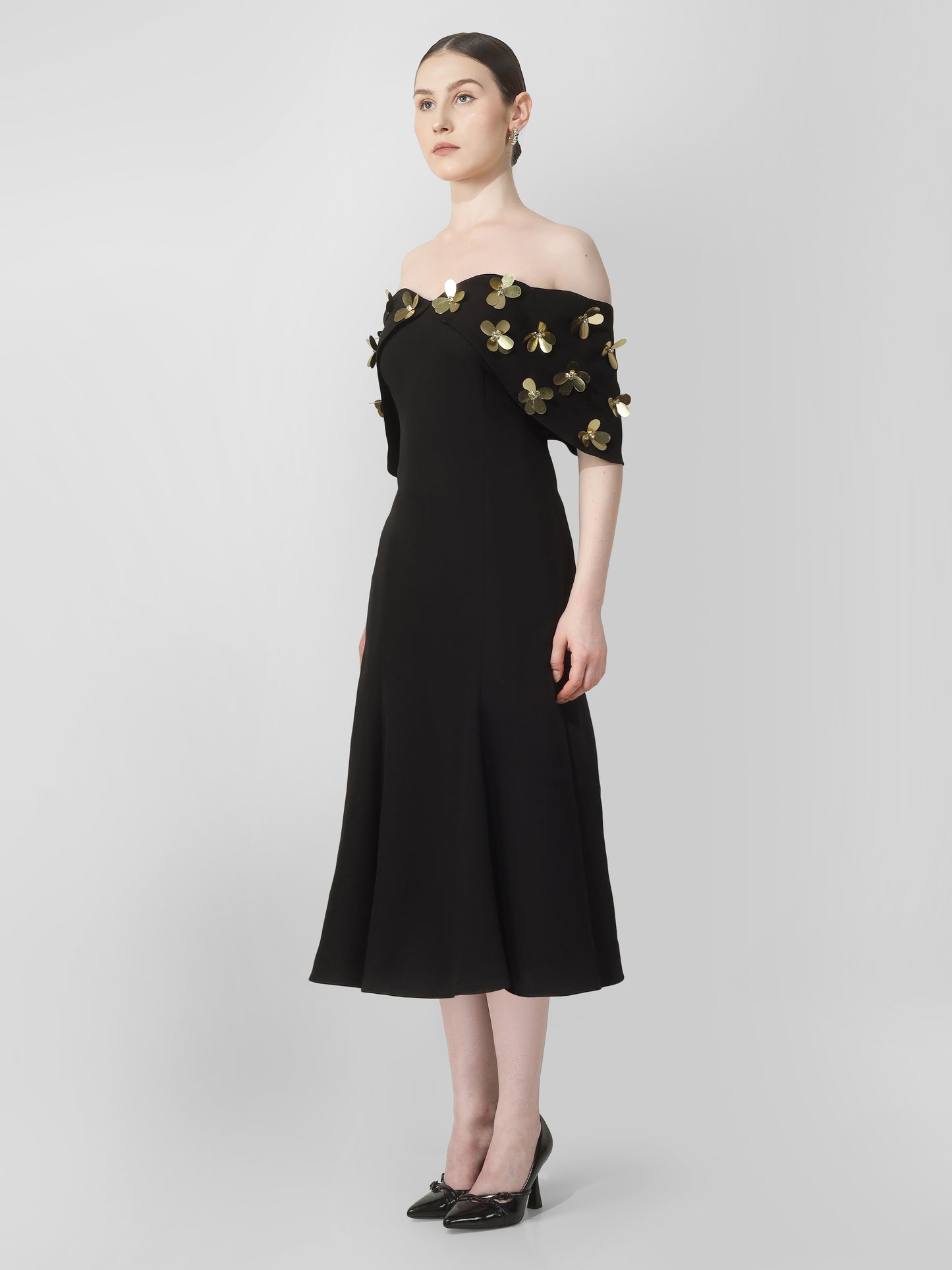 Black Off-Shoulder Embellished Midi Dress