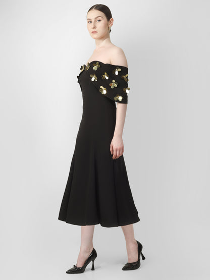 Black Off-Shoulder Embellished Midi Dress